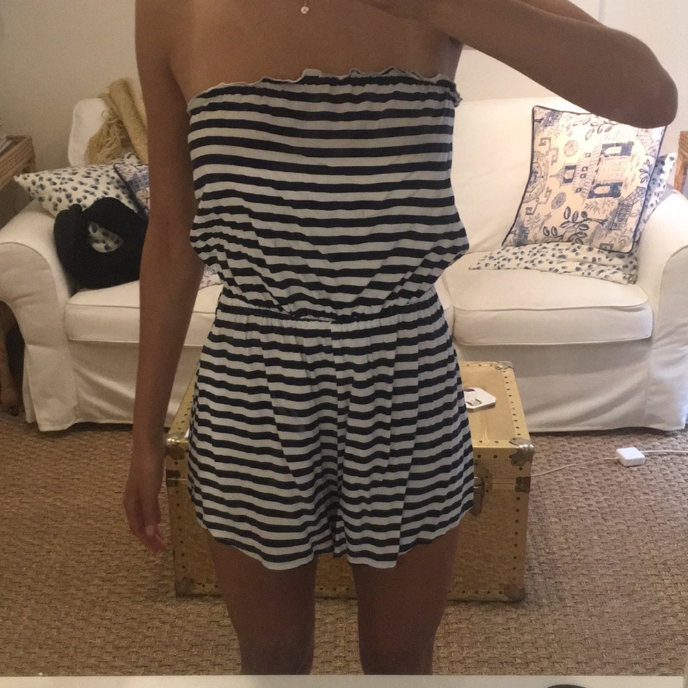 Navy and White Striped Strapless Romper